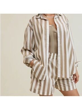 aerie Beige and White Striped Button-Up Top